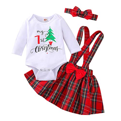 Newborn Baby Girl Christmas Outfits My 1st Christmas Romper+Suspender Skirt +Headband Overall Clothes Set (White, 0-3 Months)