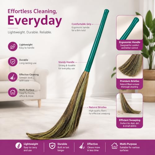 Image of Natural Grass Broom for Home Cleaning | Phool Jhadu with Ergonomic Handle | Lightweight Long Handle Floor Broom's for Indoor & Outdoor Sweeping | Soft Grass Broom for Tile, Marble & Wooden Floors
