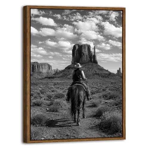 Image of Western Cowboy Canvas Wall Art Monument Valley Horse Rider Prints Black and White Desert Landscape Wall Decor Rustic American Wild West Poster Western Adventure Artwork for Living Room Office 24x36 inch