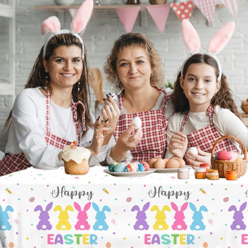 Image of CMUSKO Happy Easter Tablecloth Decoration, 3pc Colorful Bunny Tablecloth Rectangle Eggs Table Cover for Spring Holiday Decorations Supplies