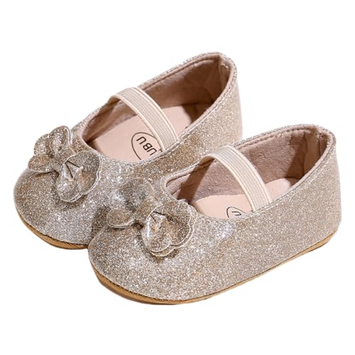 yibubu Fashion Gold Bow Baby Girl Shoes Soft Sole Crib Shoes for Infant & Toddler, Non-Slip First Walkers Newborn Baby Mary Jane Flats (6456GD12, Infant, 12 Months, Age, US Footwear Size System, Medium)