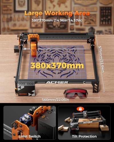 Image of ACMER P1 S Pro 10W (10000mW) Laser Engraver Machine,Laser Cutter for Crafts | 380x370mm Large Working Area, 25L /min Air Pump,WiFi Control, Engraves and Cuts Wood, Acrylic,Glass, Metal for DIY Crafts