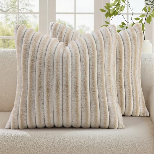 decorUhome Summer Cozy Faux Fur Throw Pillow Covers 20x20 Set of 2 Decorative Soft Plush Striped Modern Farmhouse Boho Couch Pillow Cases with Velvet Back for Sofa Bed Living Room, Beige White