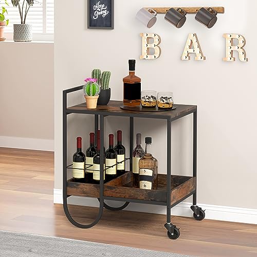 GIANTEX Carro de Servicio Auxiliar con Ruedas, Carrito de Cocina de 2 Niveles con Estante, Camarera con Ruedas para Vino Extraíble con Bloqueo, Asa, Diseño Industrial, 60 x 43,5 x 73 cm