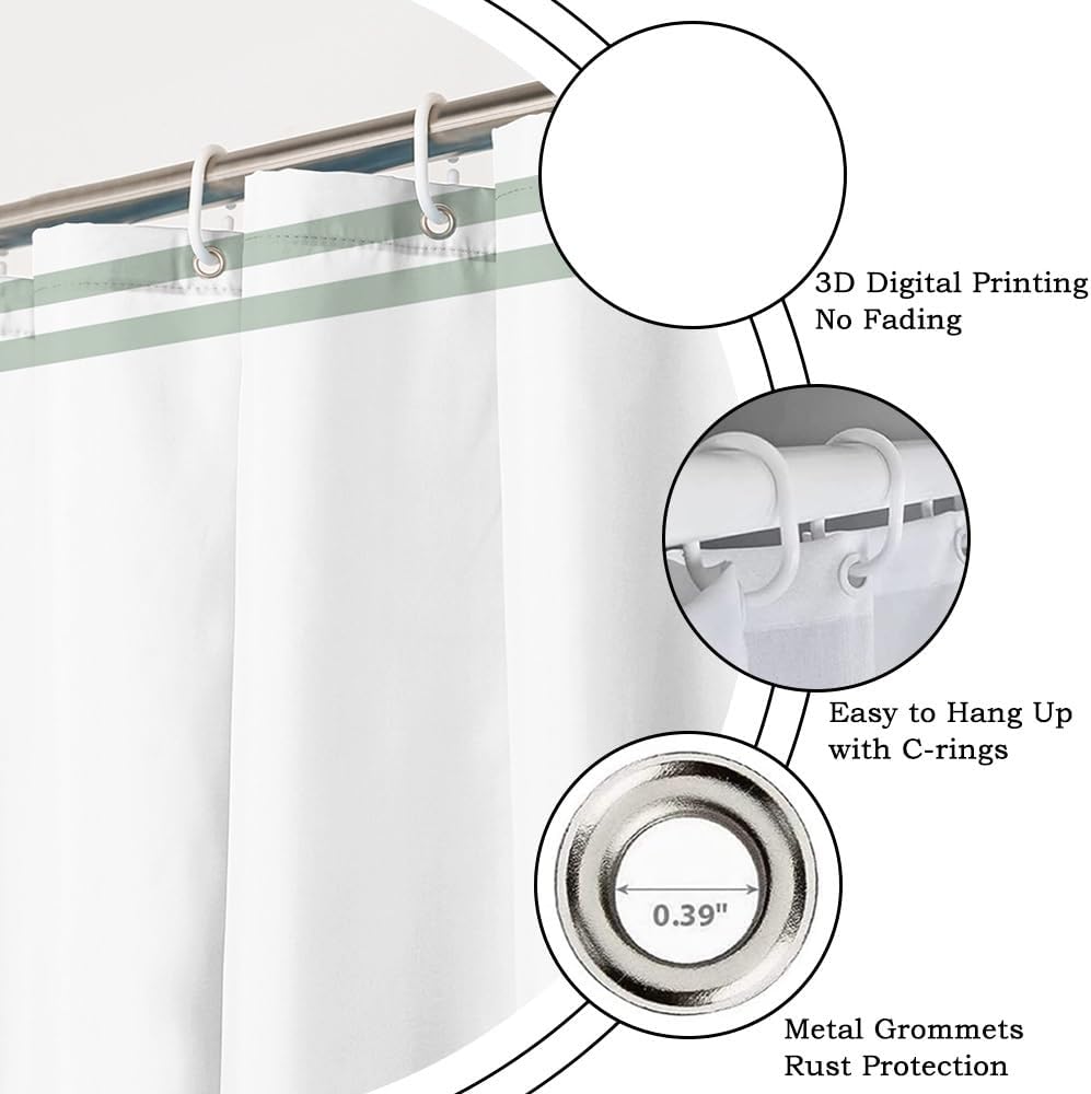 Sage Green Striped Shower Curtain for Bathroom Modern abstract Minimalist White Green Bathtub Decoration Set Farmhouse Bath Curtains Machine Washable Waterproof Polyester Fabric with Hooks 72x72 Inch