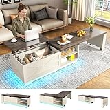 57"-89" Lift Top Coffee Table with Storage for Living Room, L-Shaped Extendable 360° Rotation Coffee Table, Farmhouse Large Wood Center Table with 6000 Colors LED Lighting Power Outlet for Home Office