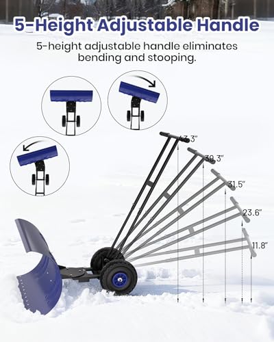 GarveeLife 29.5' Wide Heavy Duty Snow Pusher with Wheels for Driveway, Steel Blade, 7-Position Adjustable Angle, 60° Tilt Handle, Ergonomic Push Snow Shovel with Ground Protection,
