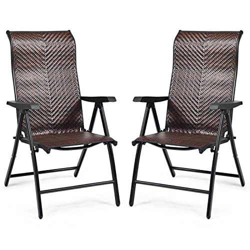 COSTWAY Set of 2 Patio Rattan Folding Chair, 5-Position Adjustable Outdoor Wicker Dining Seat with...