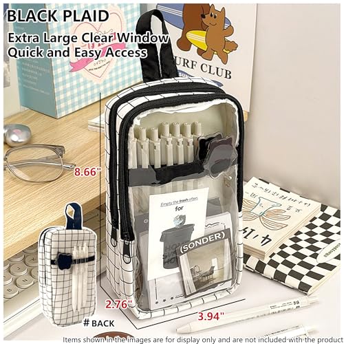 Image of Cute Pen case Adorable Bunny Transparent 3-Layer Large Capacity Pencil Case Gadget organizer with Lovely Stickers (Black Plaid)