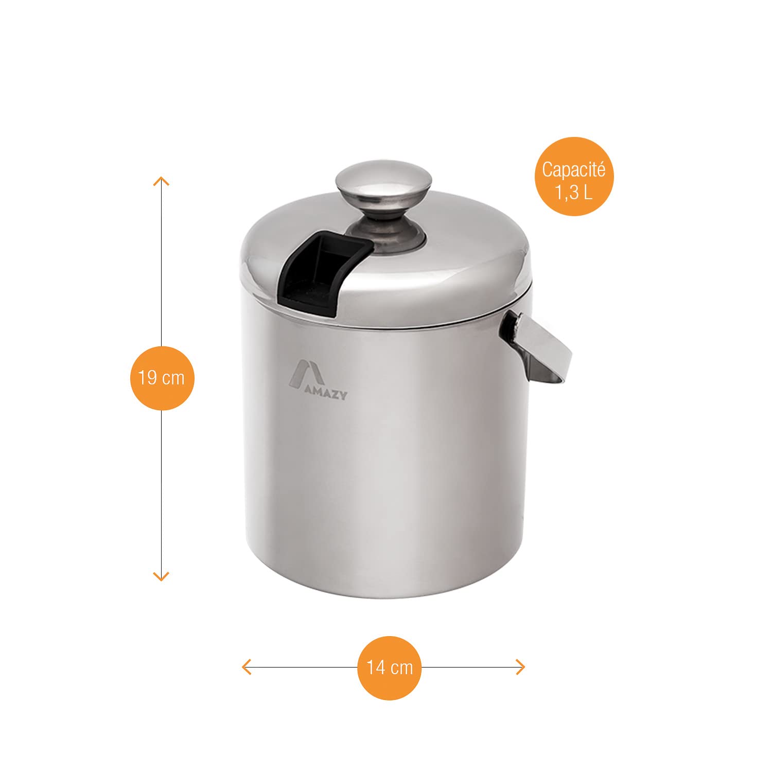 AMAZY Seau à Glace en Acier Inoxydable pour des glaçons | Couvercle, Pince, Pelle à Glace, poignée de Transport et Tamis Inclus - Seau à Glace à Double Isolation (1,3L)