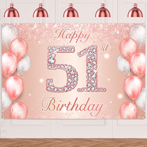 Image of Happy 51st Birthday Rose Gold Banner Cheers to 51 Years Old Backdrop Confetti Balloons Theme Decor for Women 51 Years Old Pink Birthday Party Decorations Bday Supplies Background Favors Gift Glitter
