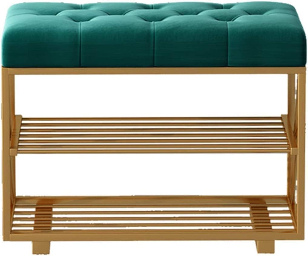 KLGFBDC Nordic Entryway Shoe Bench with Flannel Cushion Double Layer Storage Rack & Durable Wrought Iron Frame - Stylish Shoe Changing Stool for Hallway & Bedroom (Green Color)