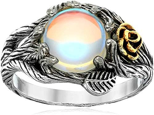 JESMING Rose Moonstone Ring Moon Ring 925 Cute Sterling Silver Rings Leaf Ring Wiccan Jewelry Rose Flower Ring Witchy Jewelry Healing Crystals Ring Antique Rings Moon Stones Ring for Women (SIZE:6)