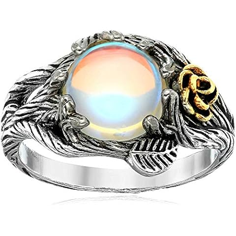 JESMING Rose Moonstone Ring Moon Ring 925 Cute Sterling Silver Rings Leaf Ring Wiccan Jewelry Rose Flower Ring Witchy Jewelry Healing Crystals Ring Antique Rings Moon Stones Ring for Women (SIZE:9) Cover