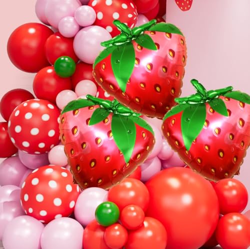 Image of Strawberry Balloon Arch Kit - 137pcs Red Pink and Light Pink Balloons with Strawberry Foil Balloons for Berry First Birthday Decor Sweet Girl Baby Shower Strawberry Shortcake Themed Party Decorations