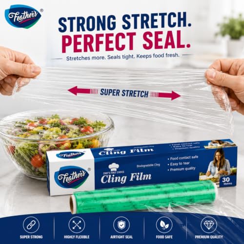 Image of Feather's Cling Film Food Wrap | Biodegradable | Multipurpose Food Wrapper | Eco-Friendly | Food Grade Quality for Sandwich, Fruit, Rolls, Lunch | Non-Stick | Microwave Safe (Pack of 2, 30m Each)