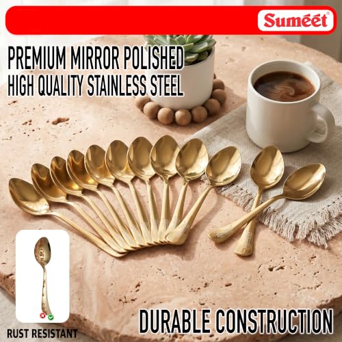Image of Sumeet Stainless Steel Golden Dessert /Table Premium Spoon Set of 12 Pc - (18cm L) (1.6mm Thick)