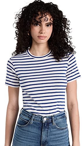Vince Womens Striped S/S Crew Shirt, Gesso/Lt Marina, X-Small US
