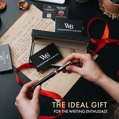 Image of Wordsworth & Black Fountain Pen Set for Writing,Medium Nib, Black Rose Gold | Gift for Men & Women, Brass Body, 18K German Iridium, Calligraphy, Converter + 24 Ink Cartridges, Refillable, Leak-Free