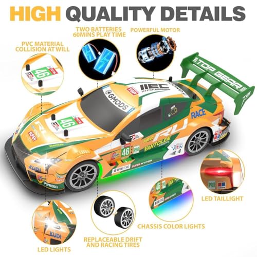 Image of Rc Drift Remote Control Car 1:24 Scale, High-Speed, 4Wd, Led Lights, Rechargeable Racing Car, Drifting Tires, 2.4Ghz, for Kids (RC Drift Car - Yellow)