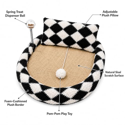 FurSo Cat Scratcher Bed for Indoor Cats – Sisal Scratch Pad Lounge with Spring Treat Ball, Plush Pillow & Play Toy | Diamond Design Cat Scratching Board | Protects Furniture - Image 2