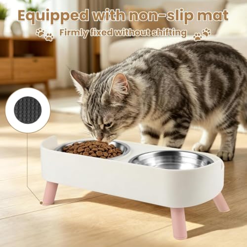 Image of Elevated Cat Feeder Bowl, Anti-Choking Raised Cat Food and Water Bowl with Wooden Stand, Pet Feeding and Drinking Supplies for Small and Medium Sized Dogs (Cat Bowls-White)
