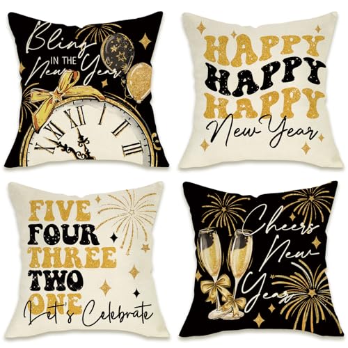 Fahrendom Happy New Year 2026 Decorative Throw Pillow Covers 20 x 20 Set of 4, Black Gold Clock Champagne Cheers Outdoor Pillowcase, Golden Let's Celebrate Christmas Winter Cushion Case Home Decor