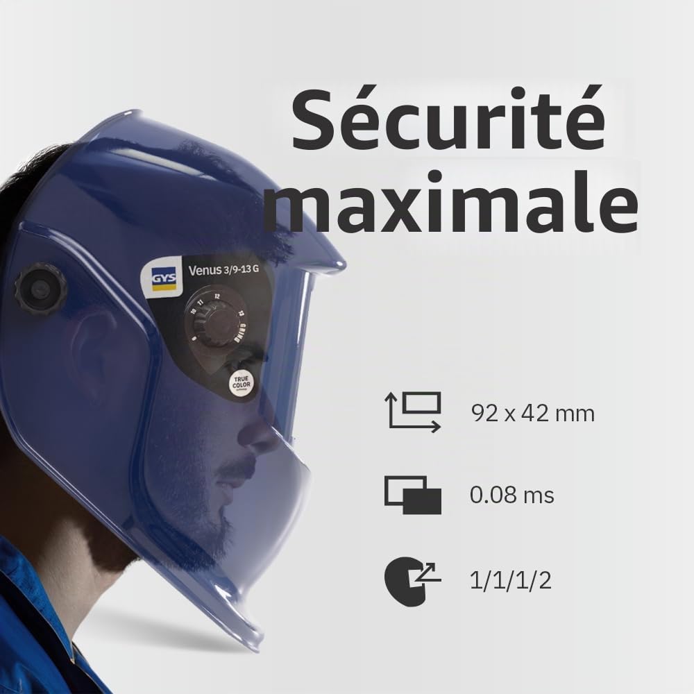 GYS, Masque de Soudage LCD VENUS 3/9-13 G BLUE True Color, Teinte 3/9>13, Champ de Vision 92x42mm, Assombrissement Auto 0,08ms, Classe Optique 1/1/1/2, pour MMA, TIG, MIG/MAG & Meulage