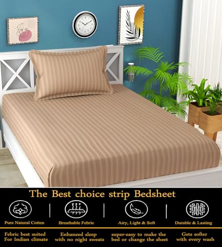 Image of 220 Cotton Feel Glace Cotton 1 Single Bedsheet with 1 Pillow Cover (90X60 Inch) Beige
