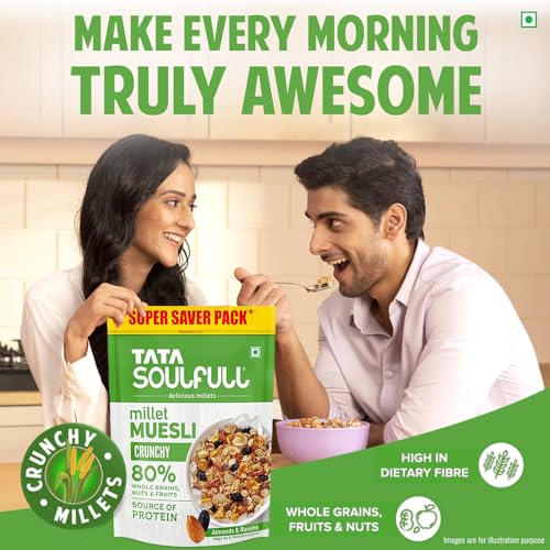 Image of Tata Soulfull Crunchy Millet Muesli, 700 g, Contains Wholegrains Nuts & Fruits, Source of Protien, High Fibre, Contains Ragi & Jowar (Pack of 3)