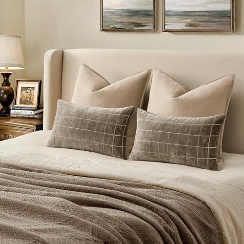 Image of MIULEE Taupe Grey Plaid Decorative Fall Throw Pillow Covers 12x20 Set of 2 | Vintage Check Chenille Couch Pillows Boho Farmhouse Cushion Covers Modern Fall Home Decor for Sofa Bed Living Room