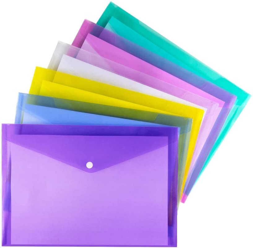 Image of Premium A4 FS Size Envelope Document Folder Storage Case, Clear Plastic File Organizer with Snap Button, Multicolor Holder for Certificates, Papers & Stationery (Pack of 5)