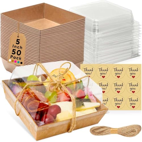 Leafiew 50 Pack Small Charcuterie Boxes with Clear Lids - To Go Paper Mini Charcuterie Box Disposable Food Containers 5Inch Dessert Boxes - Sandwich Cookie Sushi Cake Slice Strawberries (Brown)