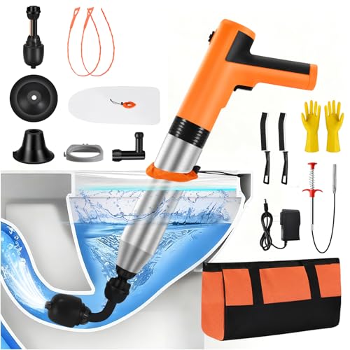 Electric Toilet Plunger, High Pressure Toilet Snake Drain Clog Remover, Splash-free Unclogger with Drain Snake Auger, Plungers for Bathroom Heavy Duty, Versatile Air Blaster Unclogger Kit (Orange) by VEUIEIZT - Used condition - US$37.43