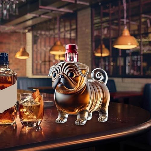 Botellas de vidrio para alcoholes con vertedor decorativo de pug para servir whiskey y brandy 8
