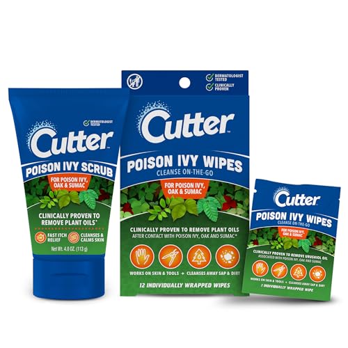 Image of Cutter Poison Ivy Scrub and Wipes Bundle (4.0 oz + 12ct) - Fast Relief & Protection Against Poison Ivy, Oak, & Sumac - Soothing Anti-Itch Formula - Outdoor Skin Care - Perfect for Hikers and Gardeners