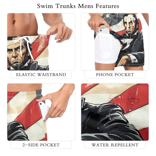 Mens Swim Trunks with Liner, American Flag Abraham Lincoln Cool Quick Dry Beach Swim Shorts, Swimwear Bathing Suits S3