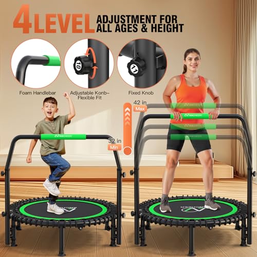 Image of ANCHEER Rebounder Trampoline 40 inch Bungee with 4-Level Adjustable Handle,Mini Trampoline Max 400 LBS Heavy-Duty Fitness Trampoline, Waterproof UV-Resistant Indoor Outdoor Exercise Trampoline (Pro-Green)