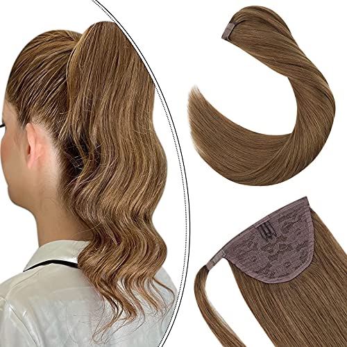 Clip on Ponytail Extension Human Hair 16Inch Real Hair Wrap Around Ponytail 60Gram Hair Extensions Straight Ponytail Extension Chestnut Brown #8 Natural Hair Extensions Ponytail