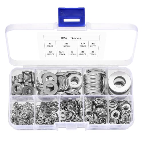 824 PcsWashers for Screws, Metal Washers Assorted, Stainless Steel Flat Penny Washers for Bolts and Nuts, M2 M2.5 M3 M4 M5 M6 M8 M10 M12 Washer Set for Automotive Factories Repair