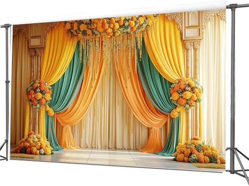 Image of Indian Pooja Backdrop Photography Background, Traditional Chatiya Navratri Ganpati Ganesh Marigold Backdrops Wall Decor for Durga Puja(7x5FT), Multi4