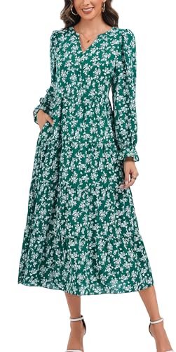Kormei Long Sleeve Dress for Women 2025 Fall V Neck Tiered Elegant Empire Waist Flowy Wedding Guest Maxi Dresses