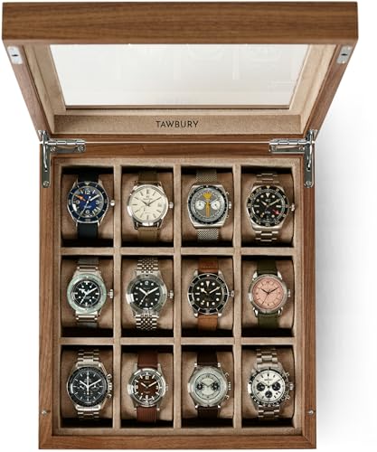 TAWBURY Wooden Watch Case - 12 Slot Wood Watch Box for Men & Women with Glass Display, Protective Fully Lined Interior and 2-inch Wide Pillows for Small & Large Watches (Light Walnut)