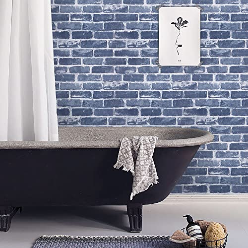 Timeet Blue Brick Wallpaper Peel and Stick Wallpaper Self-Adhesive Wallpaper 17.7" x 197" Removable Decorative Wallpaper Faux Brick Wallpaper Stick and Peel for Kitchen Halloween Decor Vinyl Roll