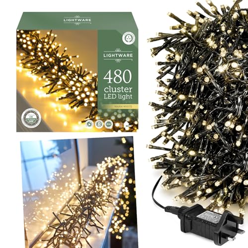 Daniel James 480 LED Cluster Lights Warm White Fairy String Lights with 8 Light Modes Timer & Auto-Shut Off for Indoor & Outdoor - Mains Powered Christmas Garland Light with Memory Function 14.58m