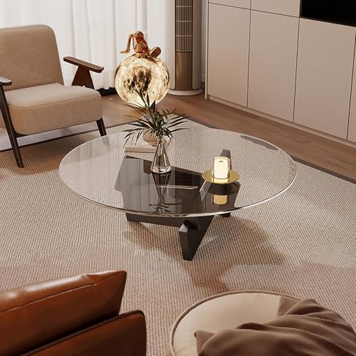 Qiydia Table basse moderne du milieu du siècle, table centrale ronde en verre avec base en bois massif, table de cocktail circulaire funky contemporaine pour...