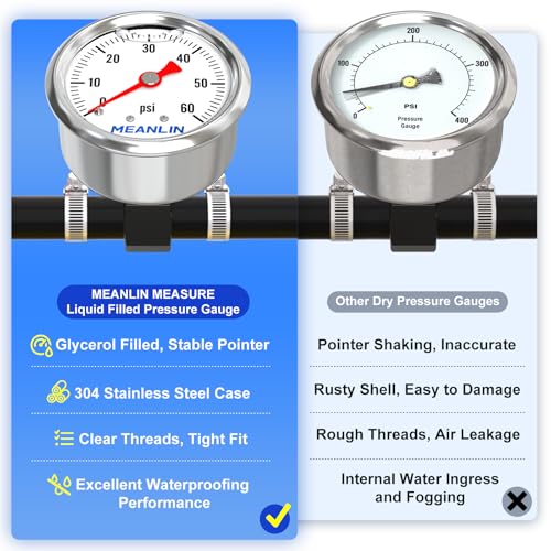 Image of MEANLIN MEASURE 0-60Psi Stainless Steel Glycerin Filled Pressure Gauge 1 /8 inch NPT 1.5 inch FACE DIAL, with 1 /2 inch Barb Aluminum Fitting Adapter Liquid Filled Pressure Gauge (9Pieces Kit, Back Mount)