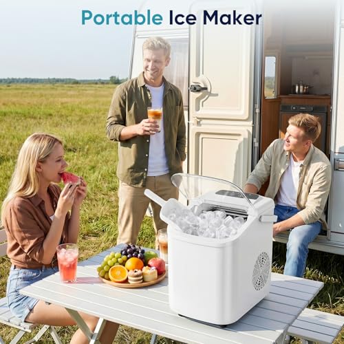 Image of DUMOS Ice Makers Countertop Ice Machine with Portable Handle Compact Size | 9 Bullet Cubes in 8 Mins, 26lbs in 24 Hours, Self-Cleaning, with Basket and Scoop, for Home, Kitchen, RV, Camping
