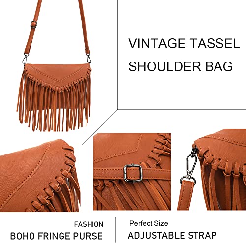 Image of Fringe Crossbody Purse for Women, Vintage Leather Western Boho Purse, Tassel Small Handbag Shoulder Bag