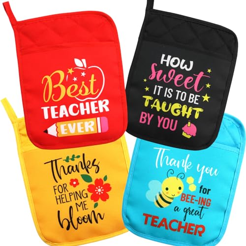 WorldBazaar for Teacher 4PCS Christmas Pot Holders with Pocket Heat Resistant Oven Mitt Pot Holder Thank You Teachers Gifts